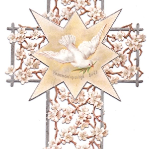 White flowers and dove on a cross-shaped Easter card