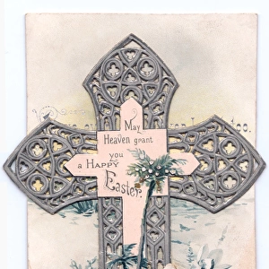 White flowers and an ornate cross on an Easter card
