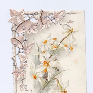 White flowers and silver bells on an Easter card
