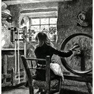 Winding weft at a spinning wheel in Northern Ireland