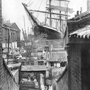 A windjammer looming over a London street