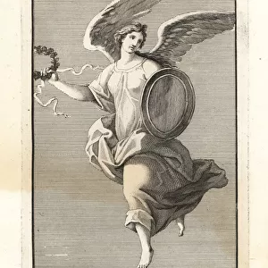 A winged Victory, with shield and wreath of oak leaves