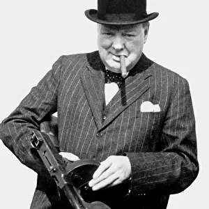 Winston Churchill Holding a Sub-Machine Gun