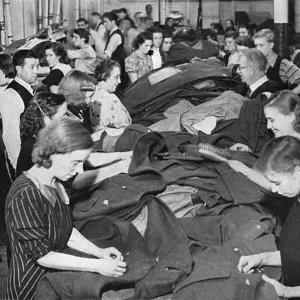 Winter greatcoats being made in army clothing factory, WWII