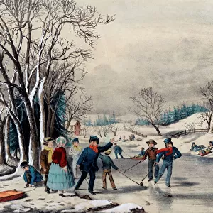 Winter Pastime with children playing on a frozen pond