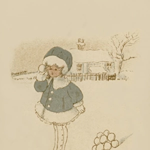 Winter scene. Girl with snowballs
