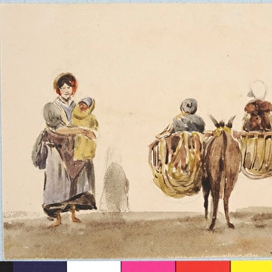 Woman with Baby, and Donkey with Panniers Carrying two Child