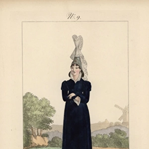 Woman of Caux in tall bonnet with long lace