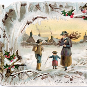 Woman and children with firewood on a Christmas card