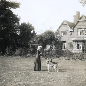 Woman and dogs in back garden