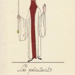 Woman in fancy dress costume as a penitent, in hooded robe