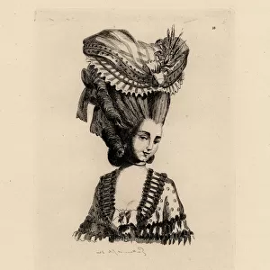 Woman in giant pouf hairstyle, era of Marie Antoinette