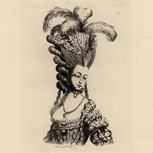 Woman in giant pouf hairstyle with ringlets, era of