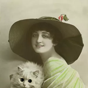 Woman with google-eyed cat