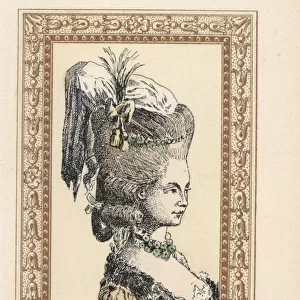 Woman in hairstyle with flowers, pearls