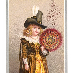 Woman in historical costume on a New Year card