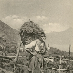 Woman of the Italian Lakes with straw backpack