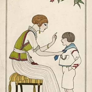 Woman and little boy in a fashion illustration