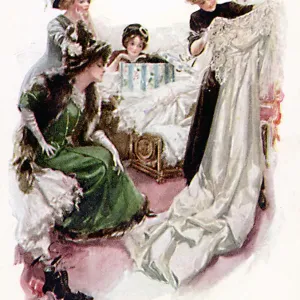 Woman looks at wedding dress with girl friends Date: 1908