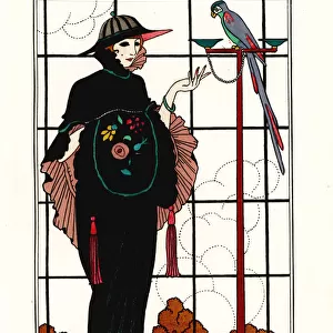 Woman in an old-taffeta cape with a parrot, 1913