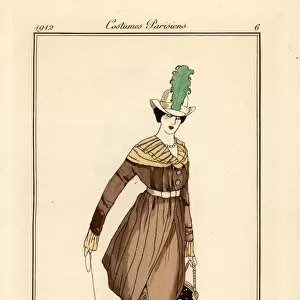 Woman in panier dress in coffee-coloured satin