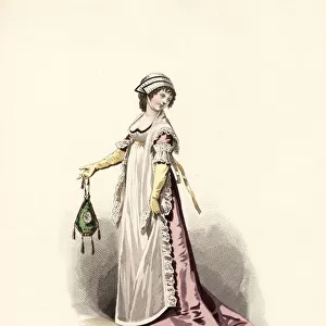 Woman in pansy-coloured dress, apron and shawl