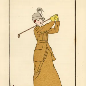 Woman playing golf in a loosely pleated toile suit