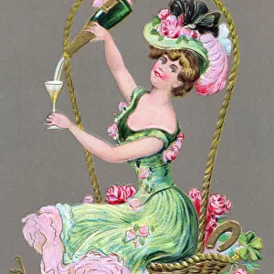 Woman pouring champagne on a New Year postcard