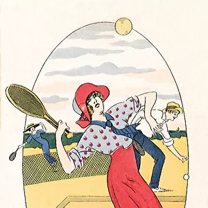 Woman in red blouse playing tennis Date: 1905