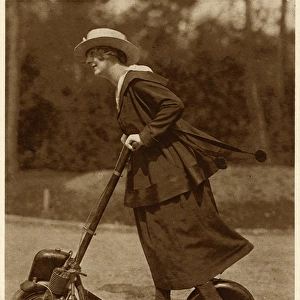 Woman riding a motorised scooter, WW1