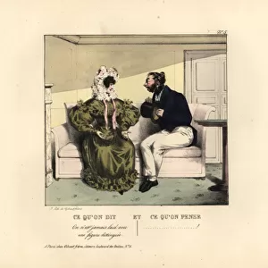 Woman seated on a sofa flattering an ugly man