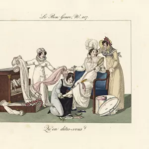 Woman in a shop choosing a new dress, early 19th century