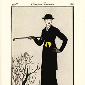 Woman in tailored suit with riding crop and bowler hat, 1913