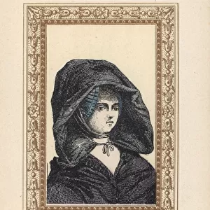 Woman in the Teresa coiffure with large hood over a bonnet