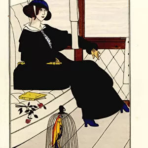 Woman in a train in pelerinex jacket and taffeta dress, 1913