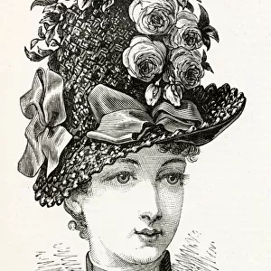 Woman wearing a coarse brown straw hat, lined with brown velvet shade mordore