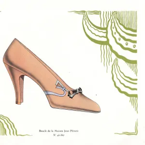 Womans shoe design in salmon pink leather with buckle, 1930