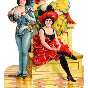 Three women in burlesque costume on a Victorian scrap