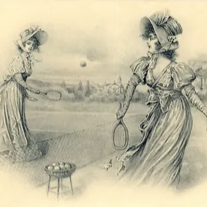 Women in dresses playing tennis Date: 1895