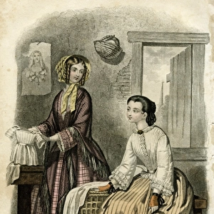 Two women in the latest French fashions