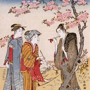 Three Women smoking pipes in a garden by Katsukawa Shuncho