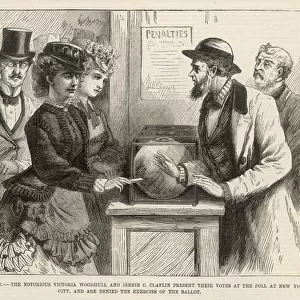 Women trying to vote at New York polling station, 1871