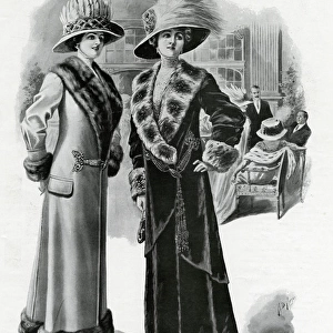 Women wearing fur-lined winter coats 1909