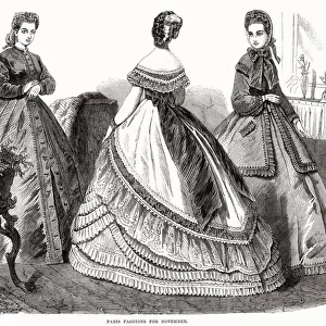 Three women wearing the new style of dresses. Date: October 1864