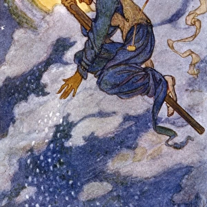A Wood Witch flying over the land on her stick