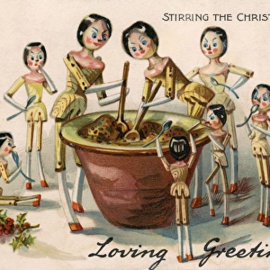 Wooden Dolls stirring the Christmas Pudding