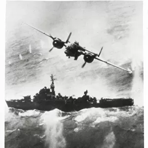 World War II B25 bomber attacks Japanese ship