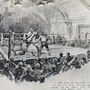 A wrestling bout in the ring at Rainbow Corner, the famous American Red Cross Club in