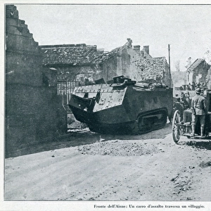 WW1 - Military tank and soldiers in Aisne, France, 1918