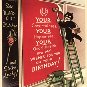 WW2 birthday card, cat and poster